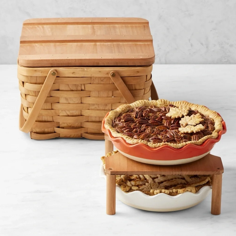 Longaberger Pie Basket with Riser Brown Woven Basket with Textured